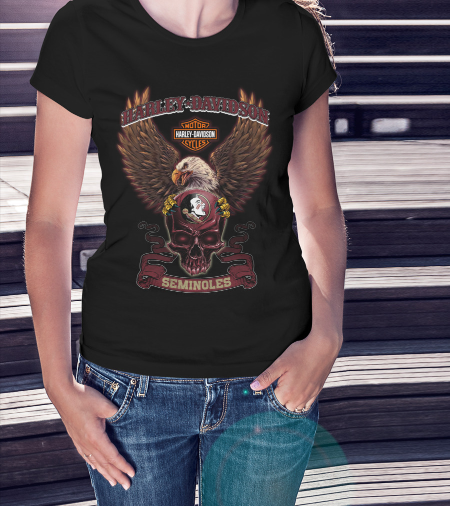 Harley Davidson Motor Cycles Eagle Skull Florida State Seminoles T-Shirt