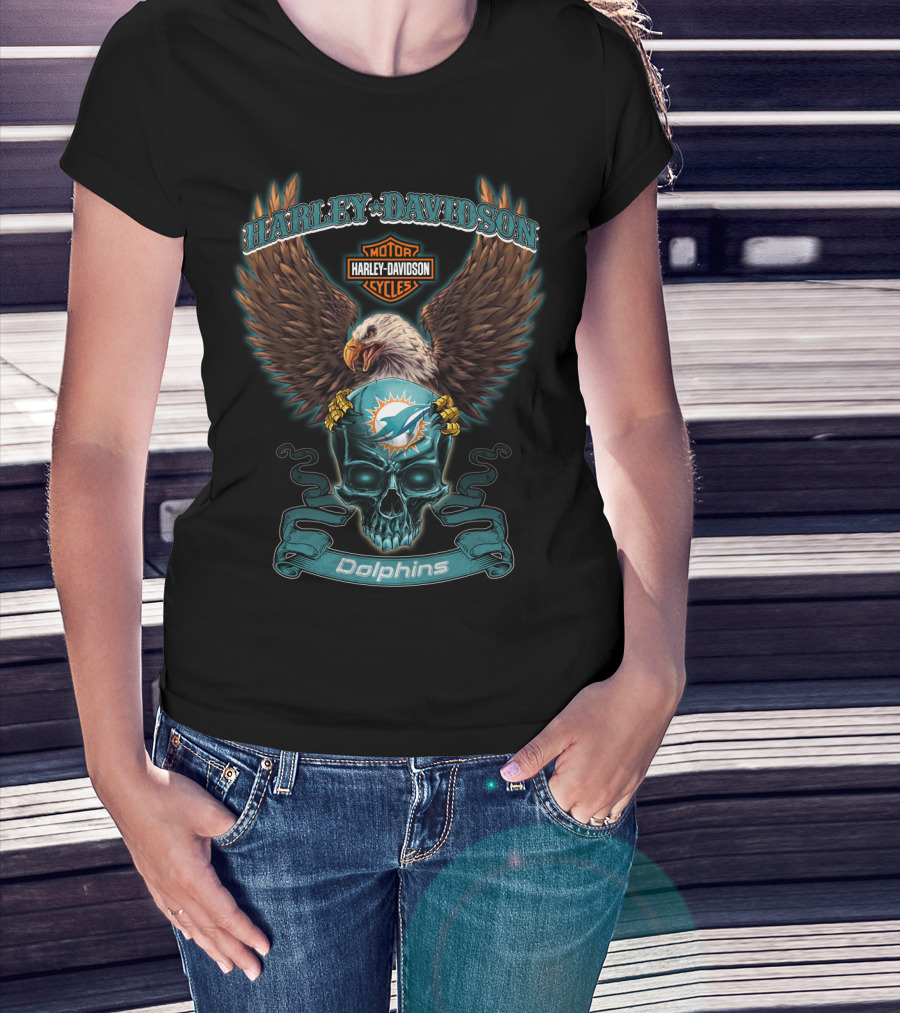 Harley Davidson Dolphins Motor Cycles Eagle And Skull Miami T-Shirt
