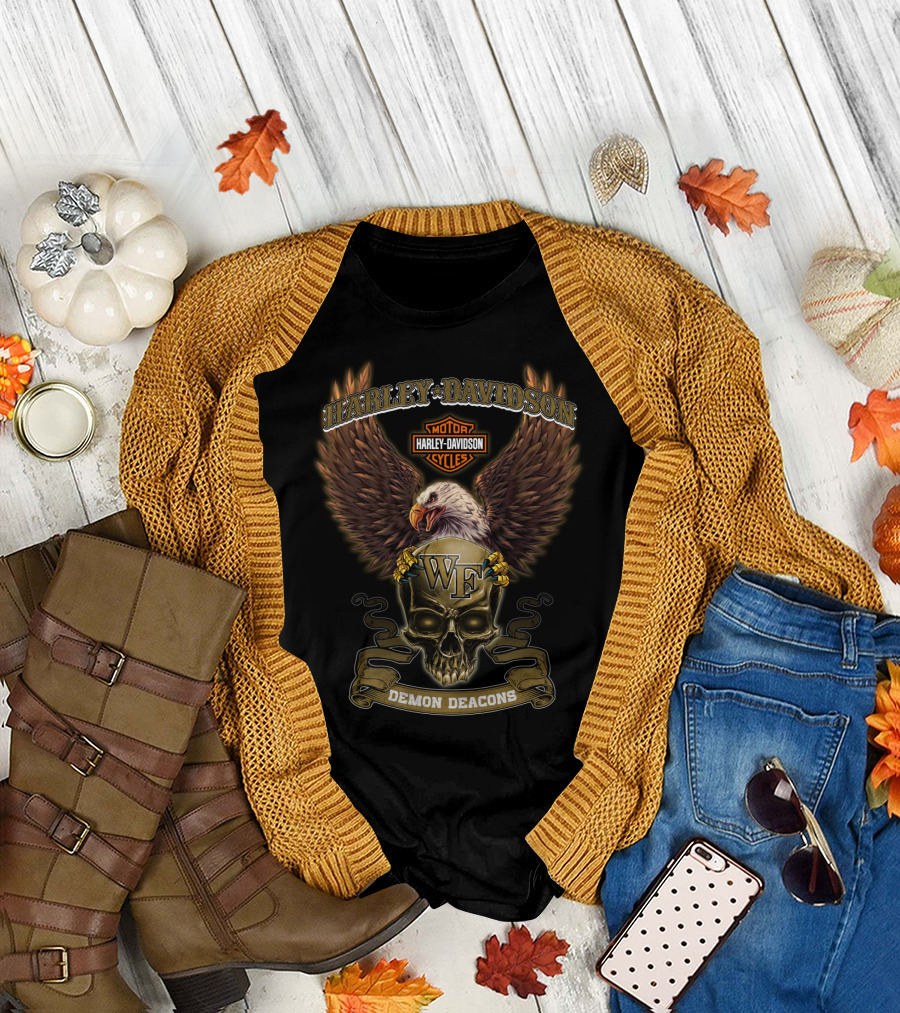 Harley Davidson Motor Cycles Eagle Wf Skull Demon Deacons T-Shirt