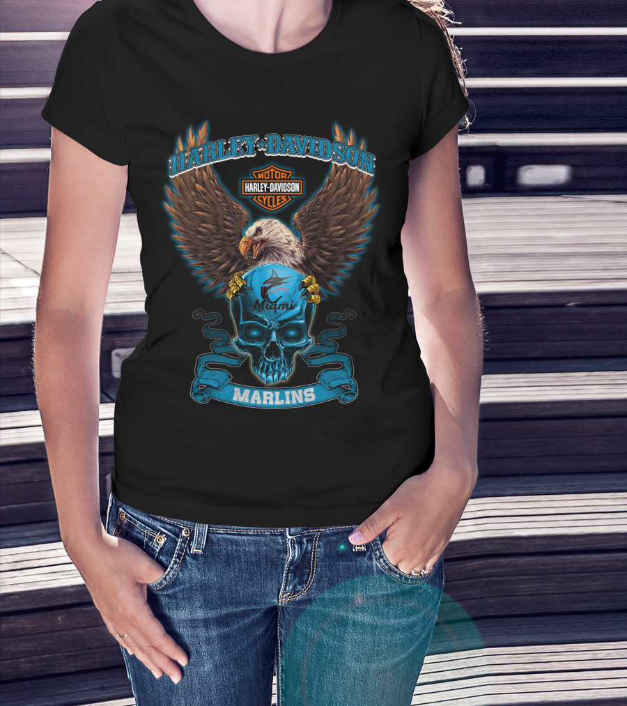 Harley Davidson Miami Marlins Eagle Skull T-Shirt