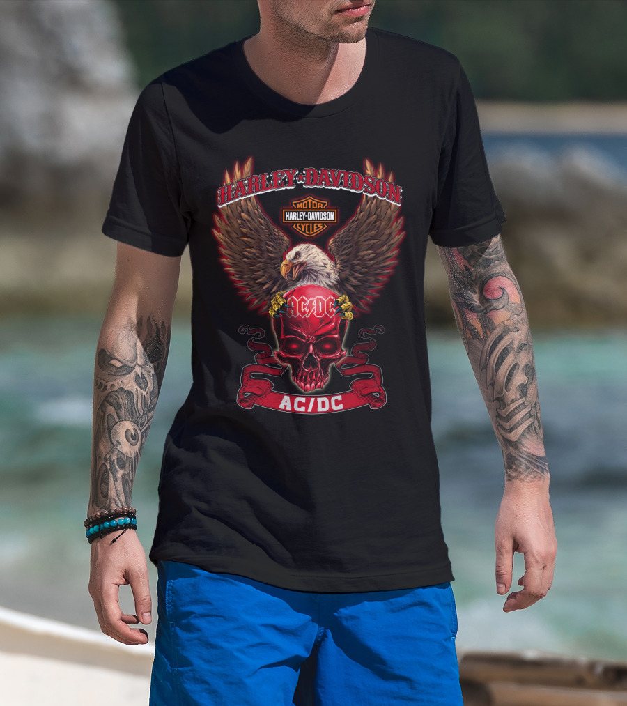 Harley Davidson Motor Cycles Ac/Dc Skull Eagle Wings T-Shirt