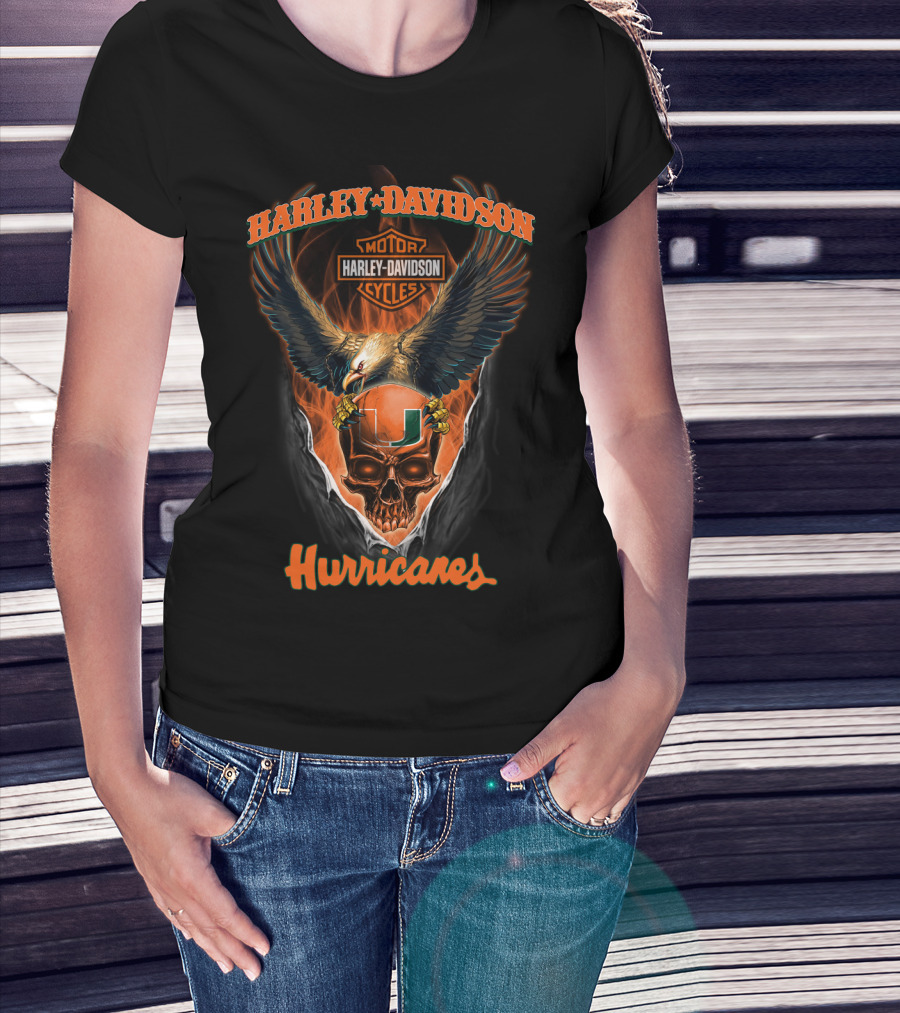 Harley Davidson Miami Hurricanes Motorcycles Skull And Eagle T-Shirt
