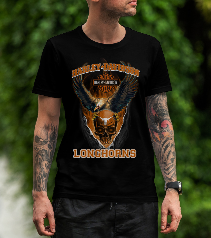 Harley Davidson Motorcycles Longhorns Eagle Skull T-Shirt
