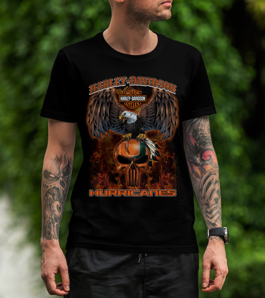 Harley Davidson Motor Cycles Miami Hurricanes Eagle Skull Flame T-Shirt