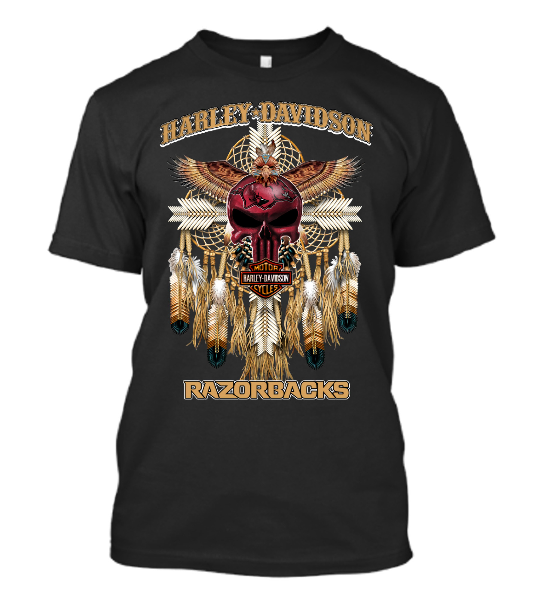Harley Davidson Razorbacks Native Skull Feathers Dreamcatcher T-Shirt