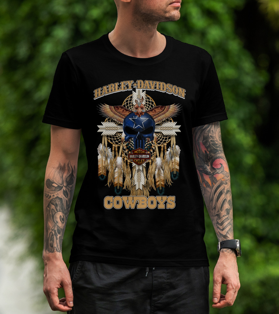 Harley Davidson Motor Cycles Cowboys Dreamcatcher Feathers Eagle Skull Star T-Shirt