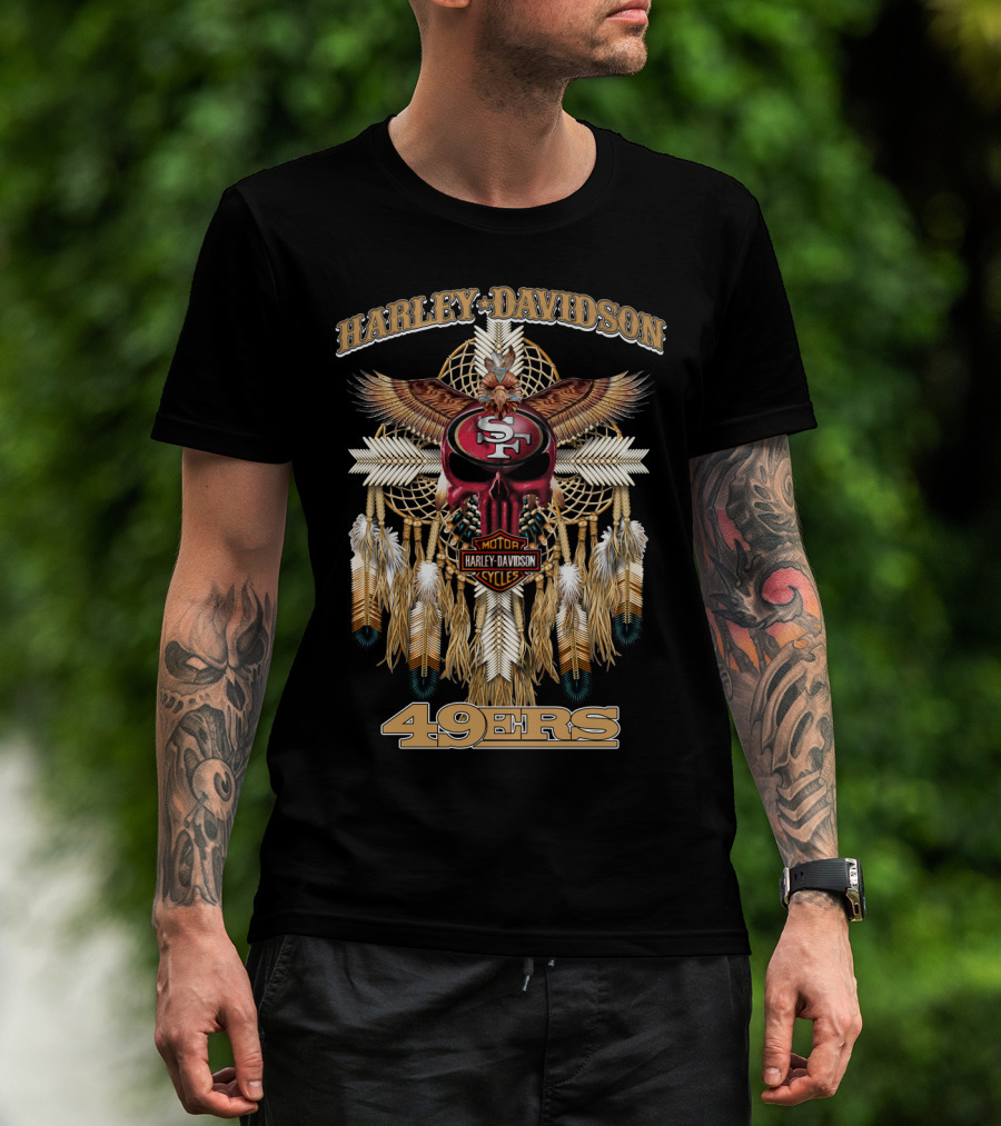 Harley Davidson San Francisco 49ers Dreamcatcher Skull Feather Art T-Shirt