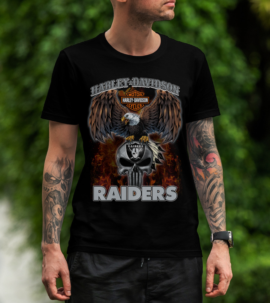 Harley Davidson Motor Cycles Raiders Skull Eagle Flame T-Shirt