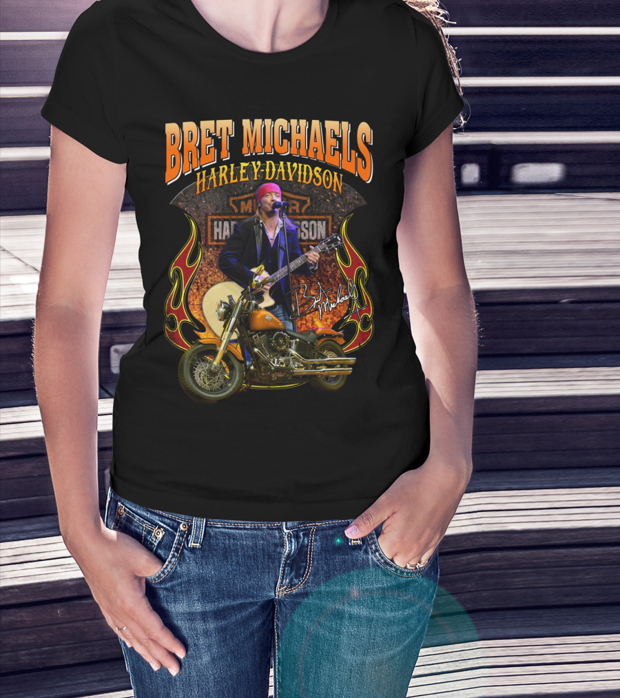Bret Michaels Harley Davidson Motorcycle Concert Performance Signature T-Shirt