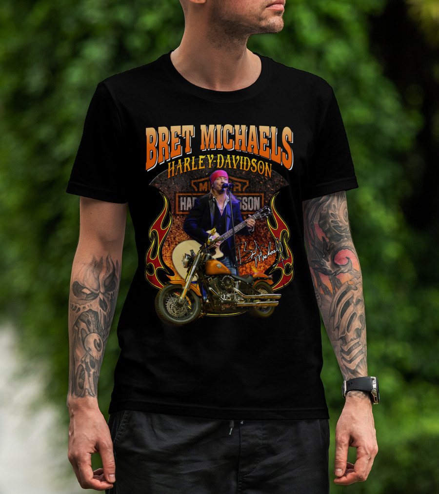 Bret Michaels Harley Davidson Motorcycle Concert Performance Signature T-Shirt