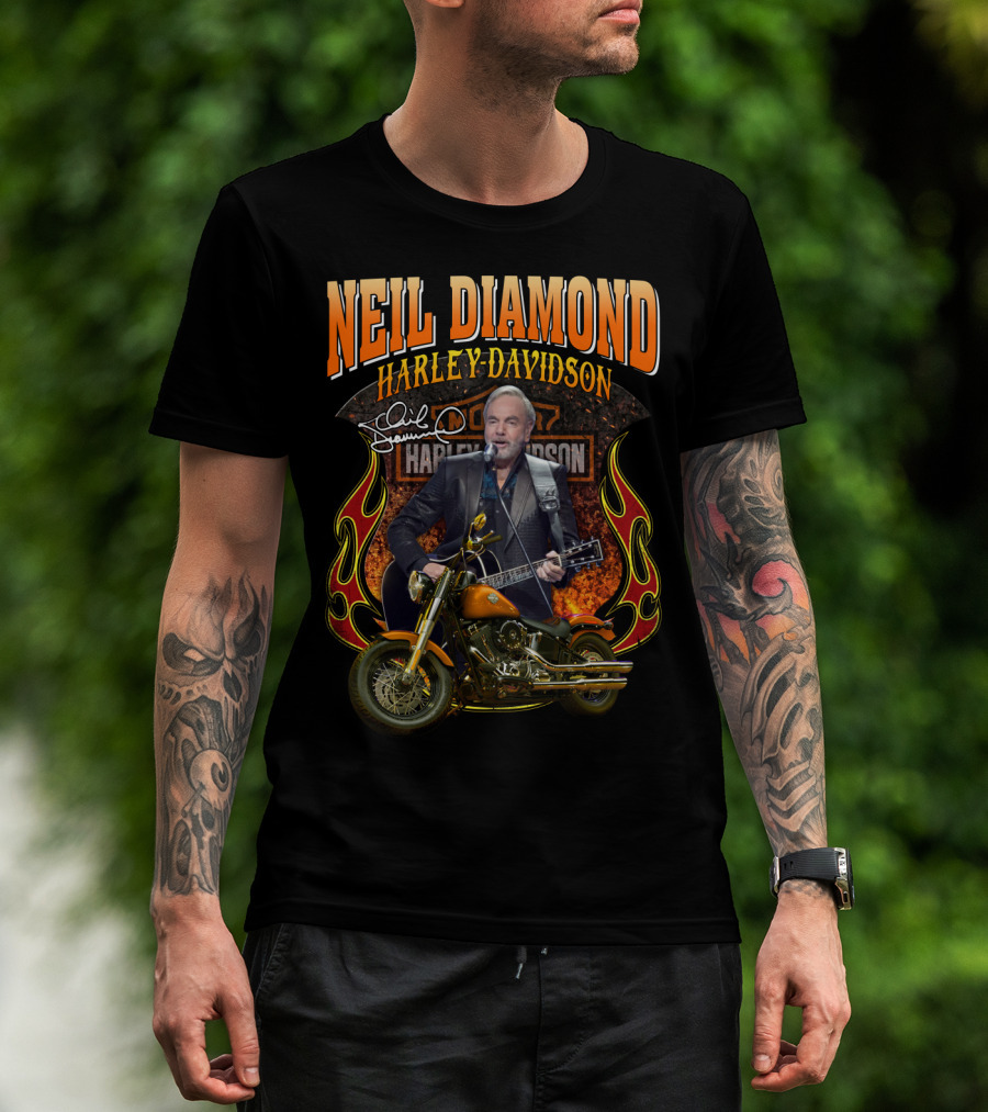 Neil Diamond Harley Davidson Motorcycle Flames Signature T-Shirt
