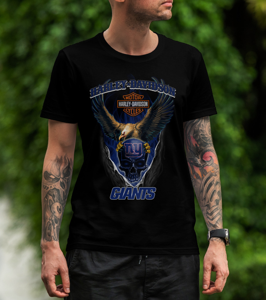 Harley Davidson Motor Cycles New York Giants Eagle Skull T-Shirt