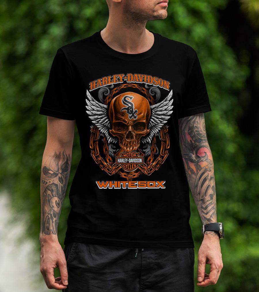 Harley Davidson Motor Cycles White Sox Skull Wings Chains T-Shirt