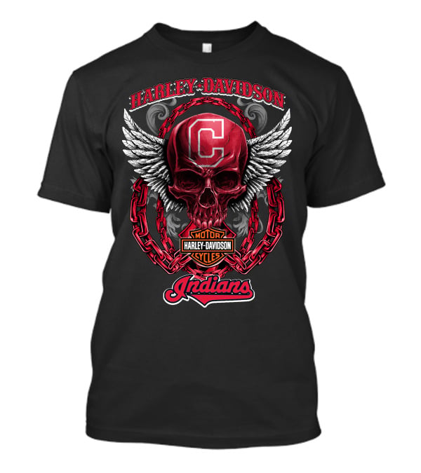 Harley Davidson Cleveland Indians Motorcycles Skull And Wings T-Shirt