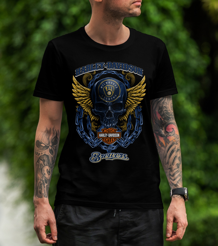 Harley Davidson Milwaukee Brewers Motor Cycles Winged Skull T-Shirt