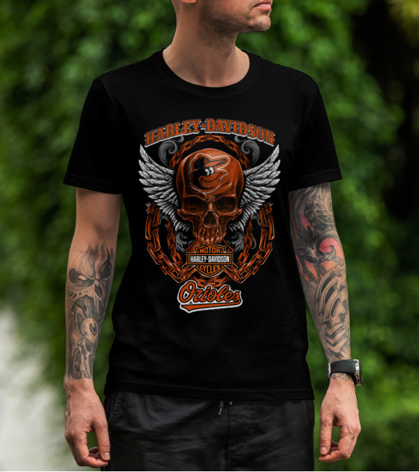 Harley Davidson Wings Skull With Baltimore Orioles Logo And Chain Elements T-Shirt