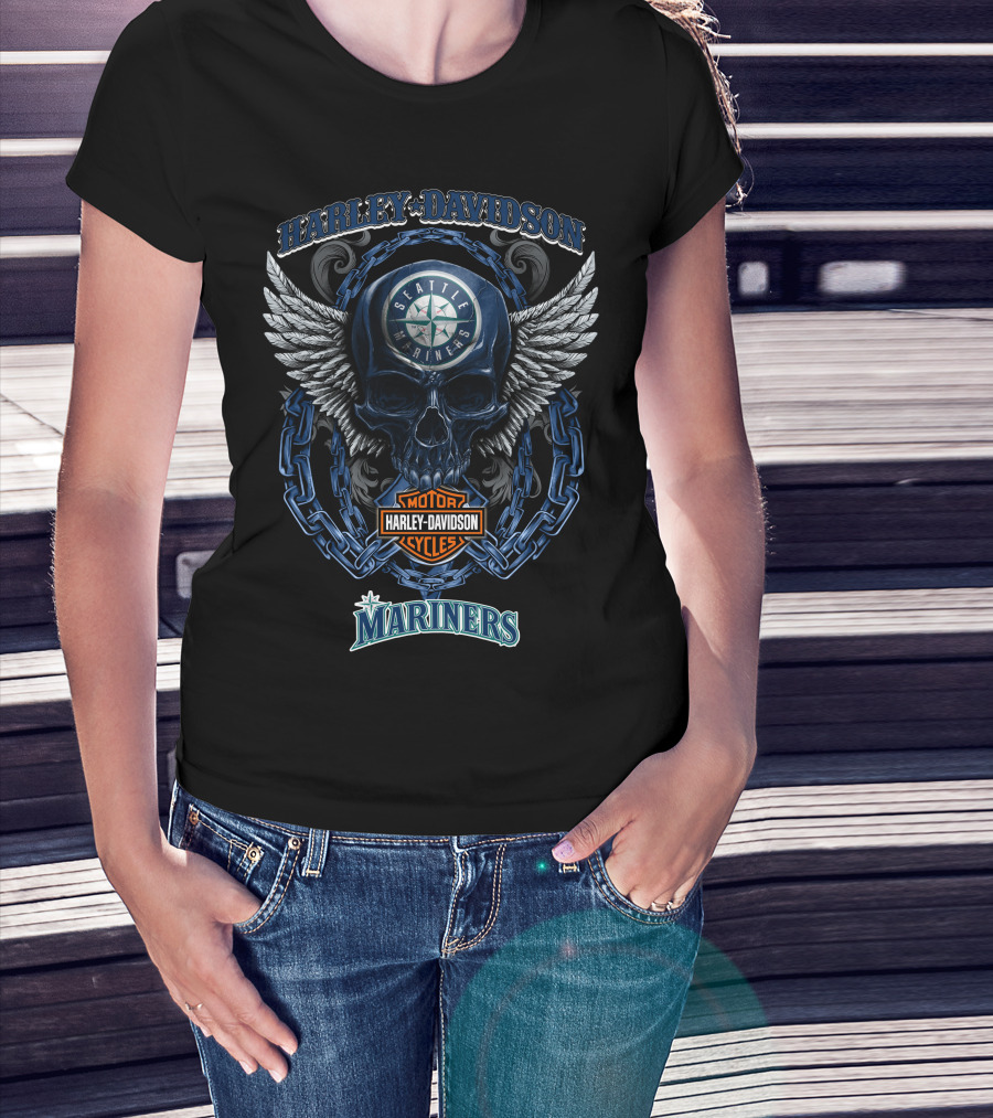 Harley Davidson Seattle Mariners Skull Winged Emblem With Motorcycles T-Shirt