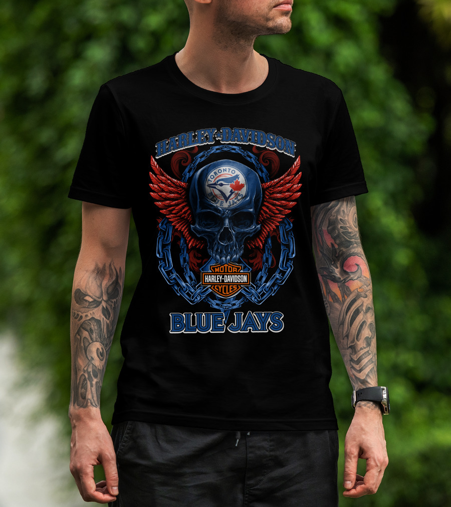 Harley Davidson Toronto Blue Jays Motor Cycles Skull Wings T-Shirt