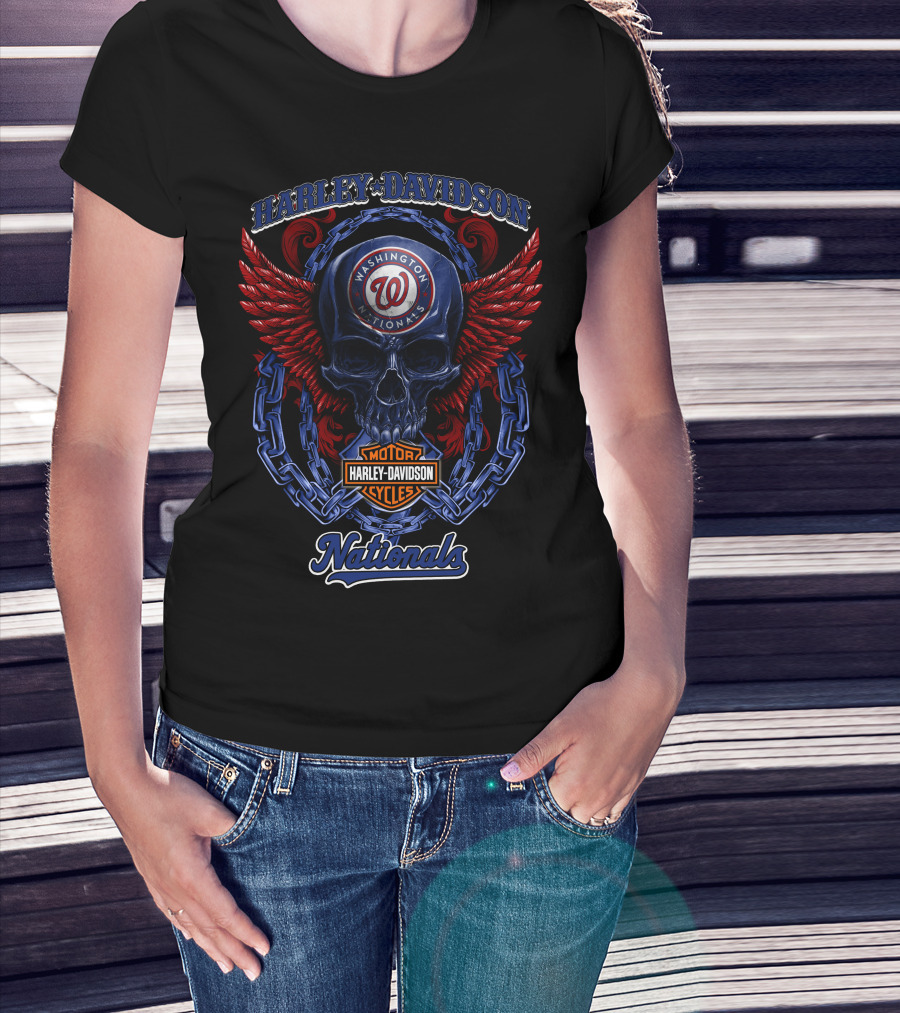 Harley Davidson Washington Nationals Motor Cycles Skull Wings T-Shirt