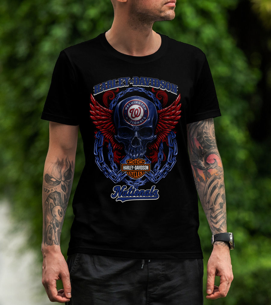 Harley Davidson Washington Nationals Motor Cycles Skull Wings T-Shirt