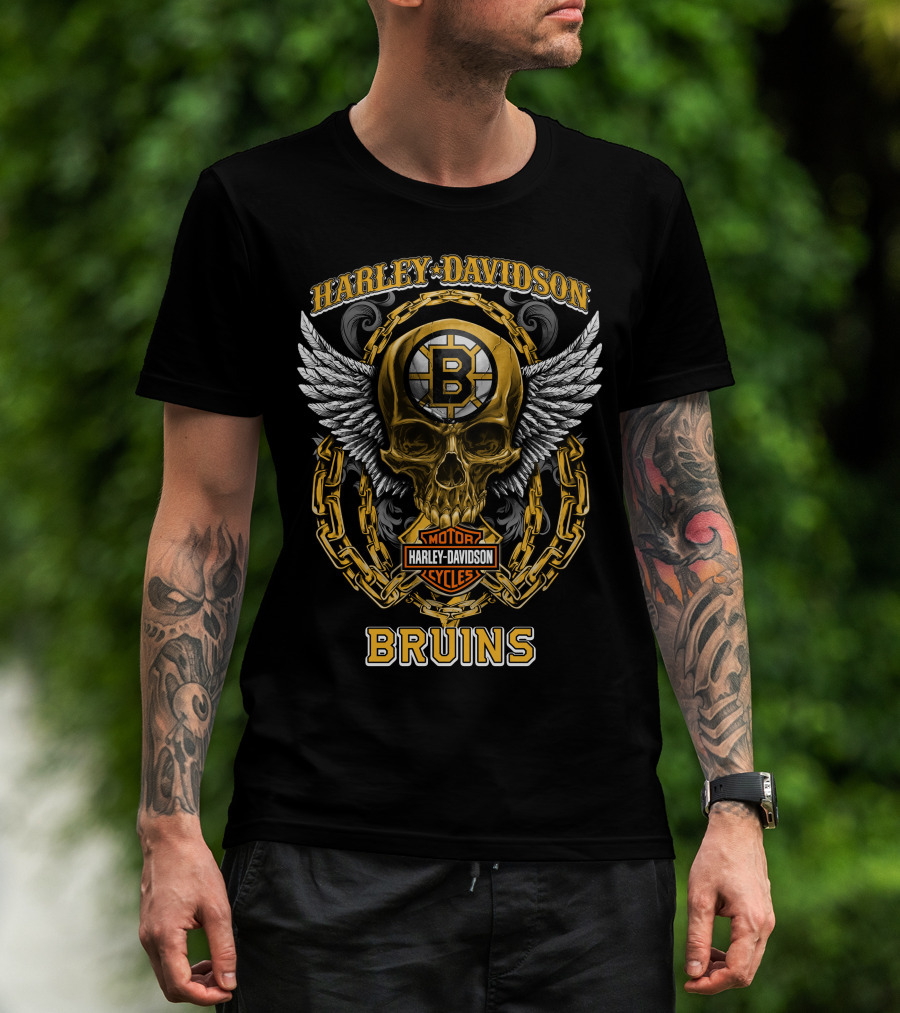 Harley Davidson Motorcycles Bruins Nhl Boston Bruins Skull Winged T-Shirt