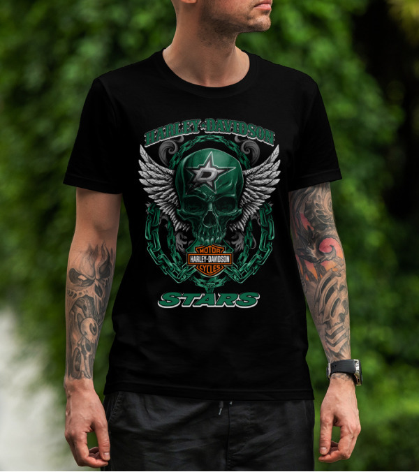 Harley Davidson Motorcycles Dallas Stars Nhl Winged Skull Chain T-Shirt