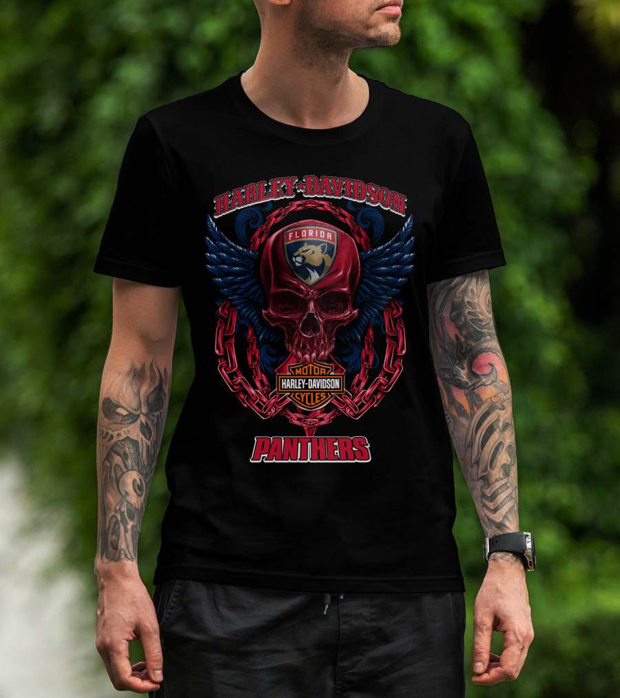 Harley Davidson Florida Panthers Motorcycles Nhl Winged Skull T-Shirt