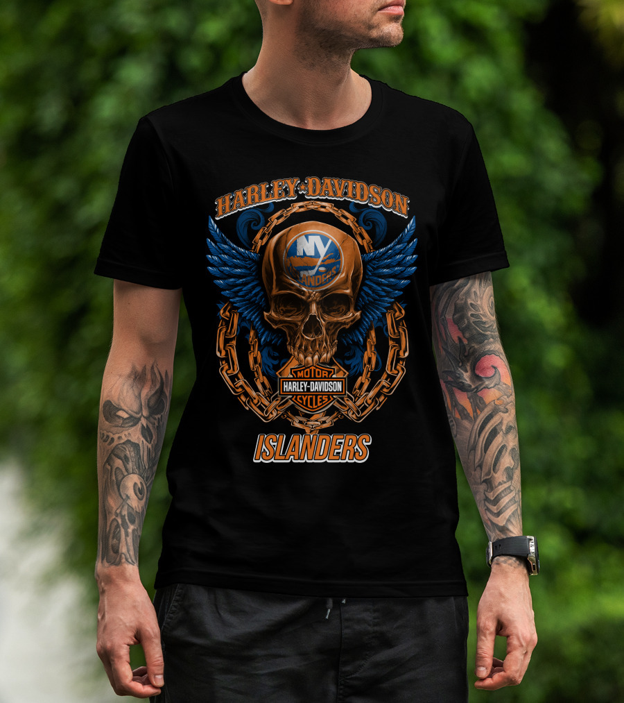 Harley Davidson Motor Cycles Islanders Skull Wings Chain Nhl New York Islanders T-Shirt