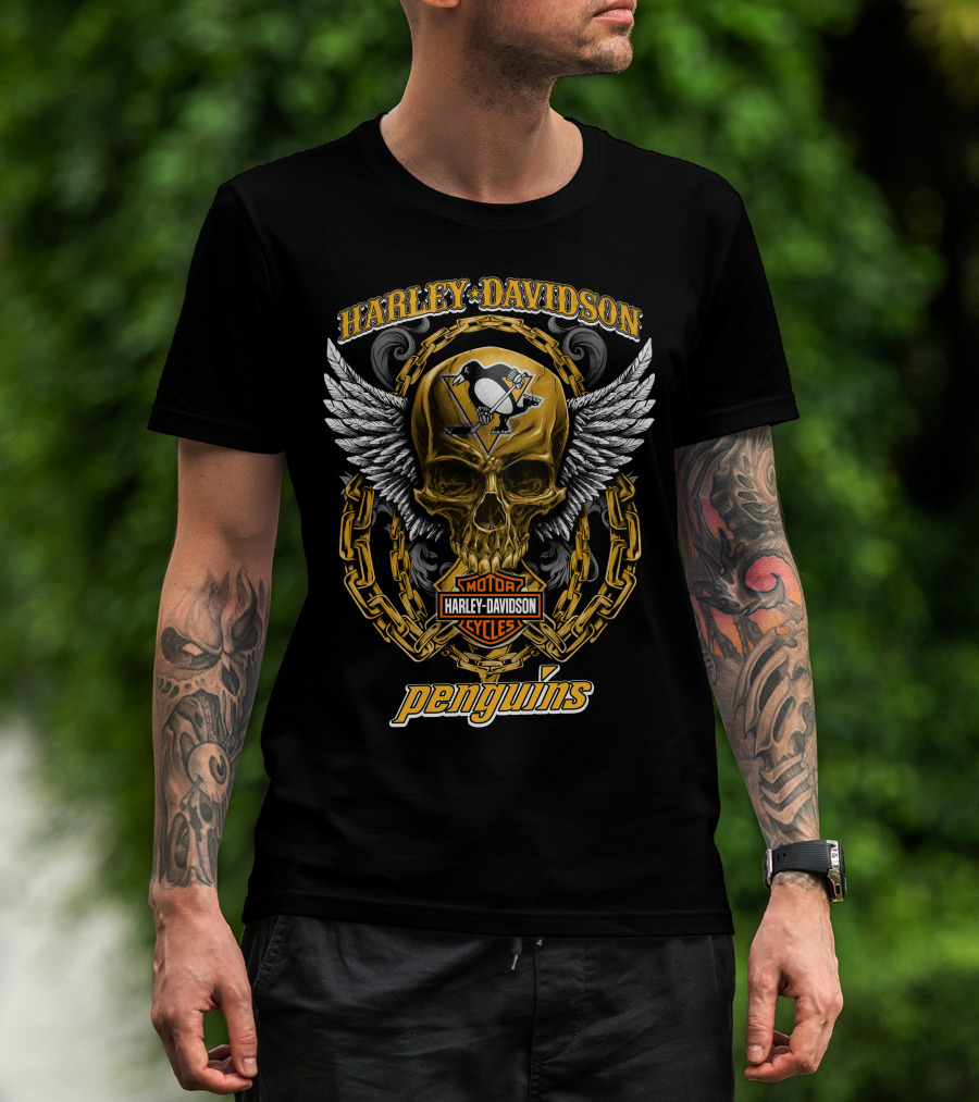 Harley Davidson Pittsburgh Penguins Nhl Skull Wings Chain T-Shirt