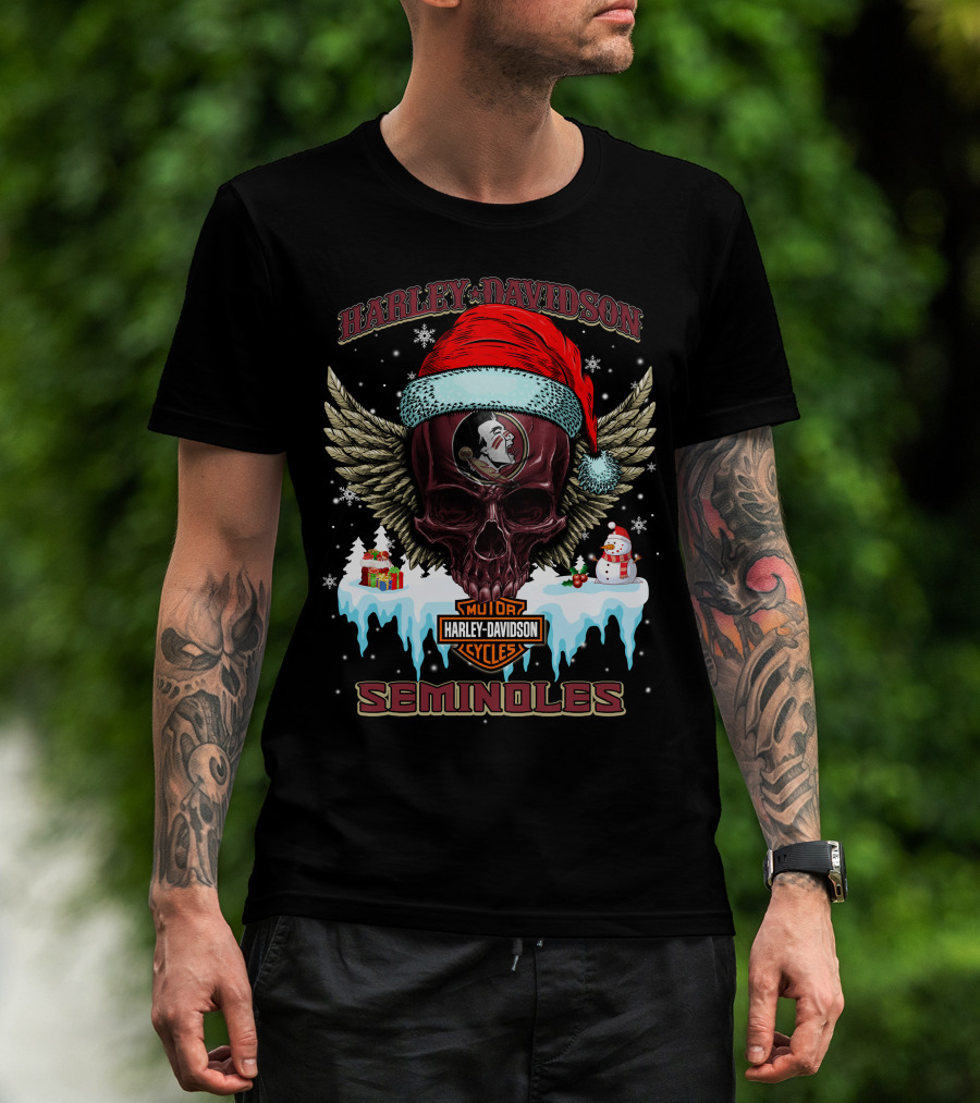 Harley Davidson Seminoles Christmas Skull With Wings And Santa Hat T-Shirt