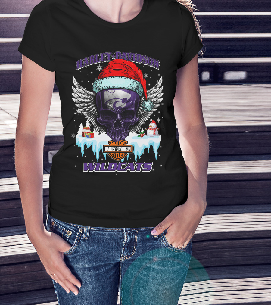 Harley Davidson Kansas State Wildcats Christmas Skull Wings T-Shirt