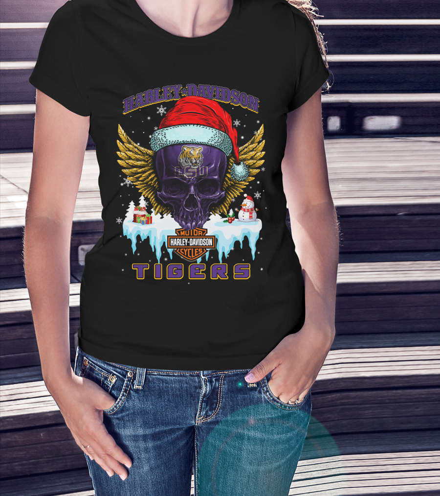 Harley Davidson Lsu Tigers Santa Skull Wings Baton Rouge Holiday Gifts T-Shirt