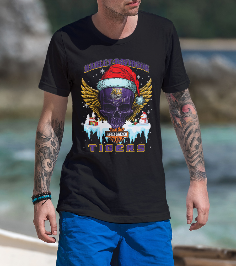 Harley Davidson Lsu Tigers Santa Skull Wings Baton Rouge Holiday Gifts T-Shirt