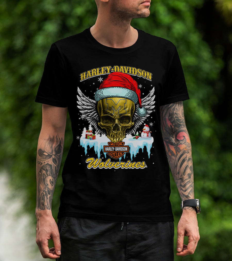 Harley Davidson Michigan Wolverines Skull Santa Hat Snowflake T-Shirt