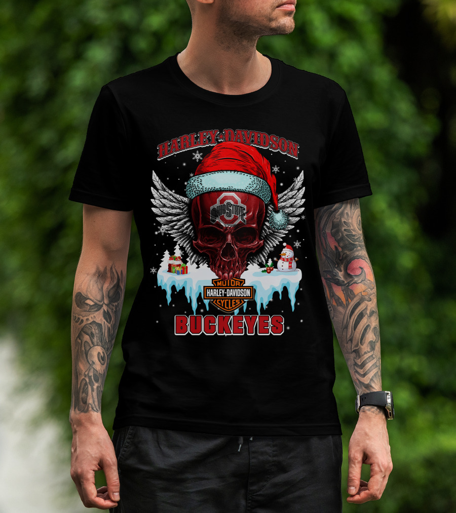 Harley Davidson Ohio State Buckeyes Motorcycles Cycles Santa Skull Wings Snowman T-Shirt