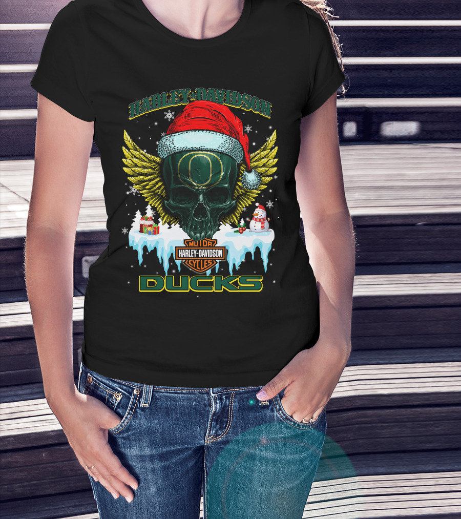 Harley Davidson Oregon Ducks Santa Skull Snowman Holiday T-Shirt