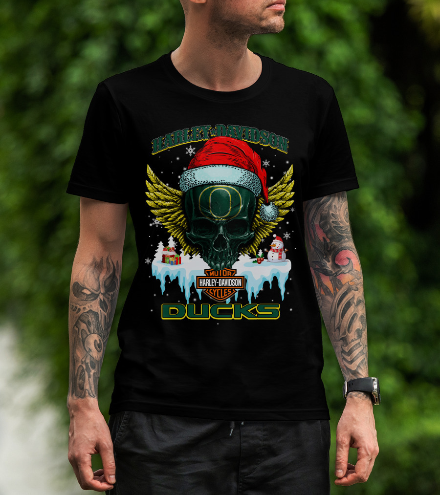 Harley Davidson Oregon Ducks Santa Skull Snowman Holiday T-Shirt