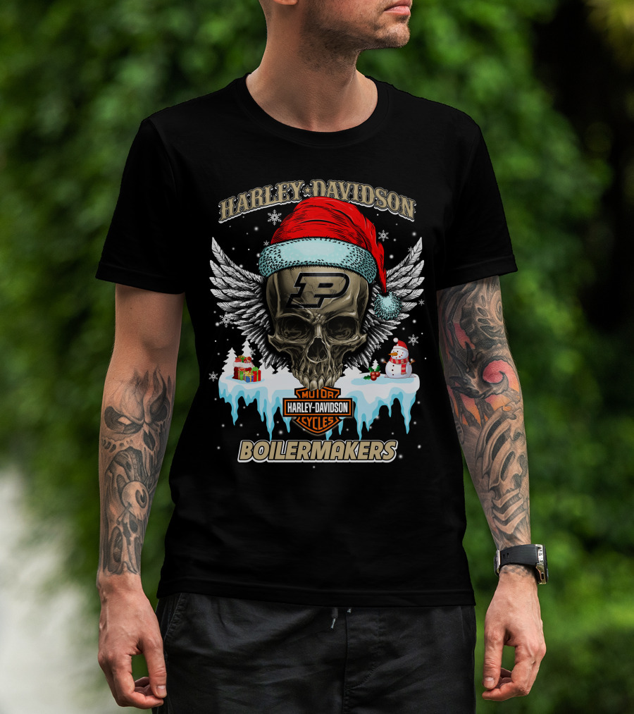 Harley Davidson Purdue Boilermakers Skull With Santa Hat And Snowflakes T-Shirt
