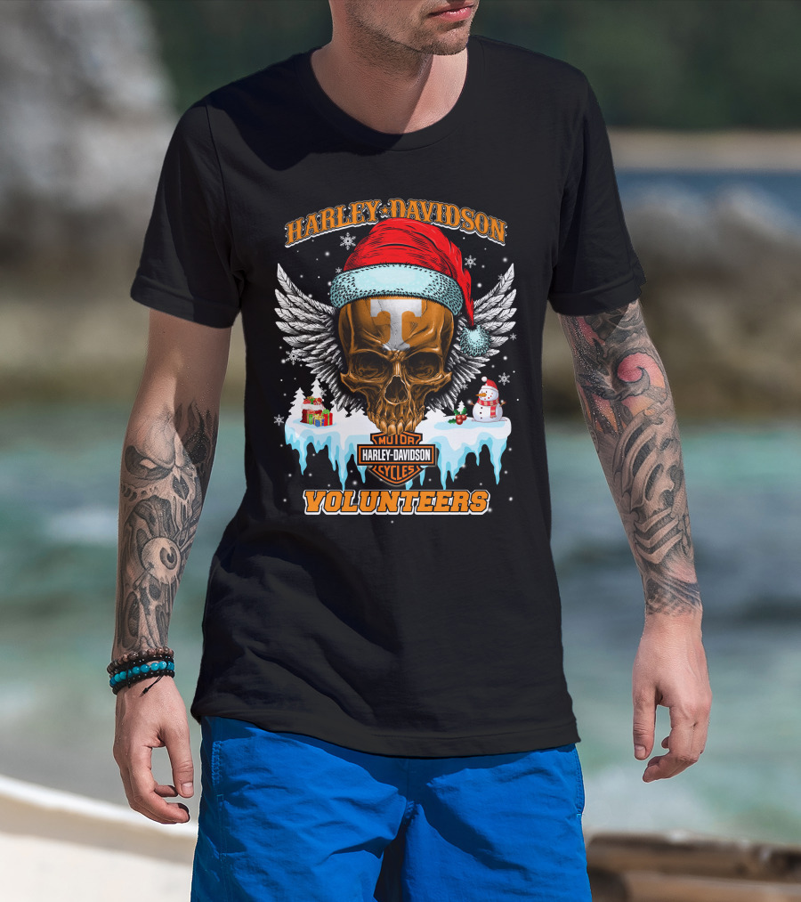 Harley Davidson Motor Cycles Tennessee Volunteers Santa Skull T-Shirt