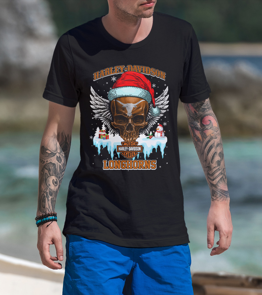 Harley Davidson Motor Cycles Longhorns Santa Skull Wings T-Shirt