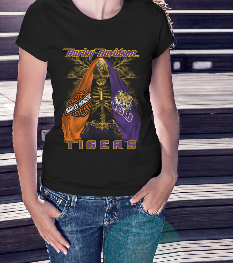 Harley Davidson Lsu Tigers Skeleton Motorcycles T-Shirt