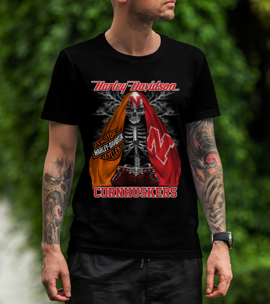 Harley Davidson Nebraska Cornhuskers Skeleton With Logo Cloak T-Shirt