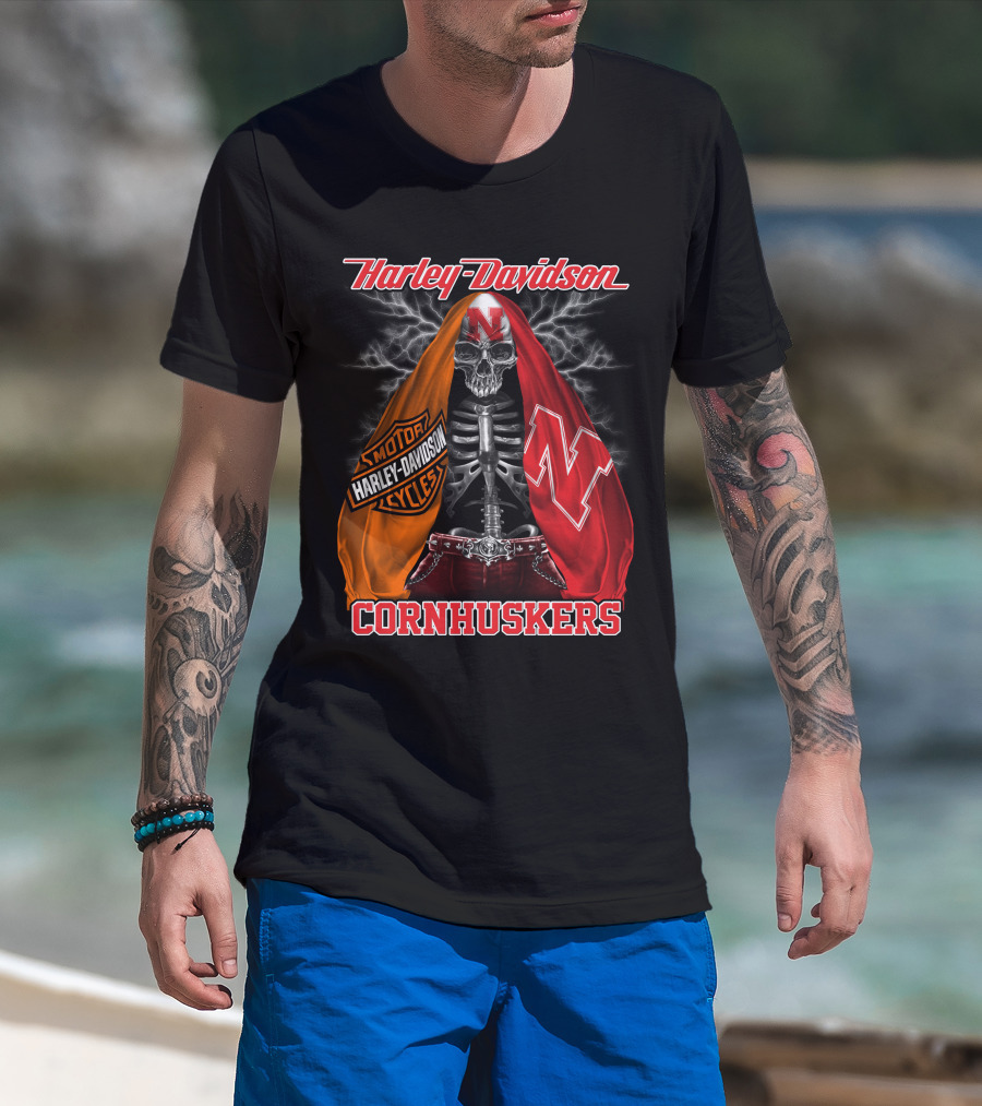 Harley Davidson Nebraska Cornhuskers Skeleton With Logo Cloak T-Shirt