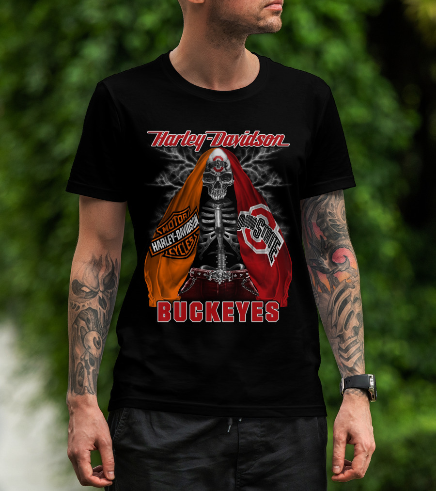 Harley Davidson Ohio State Buckeyes Skeleton Motocycles T-Shirt