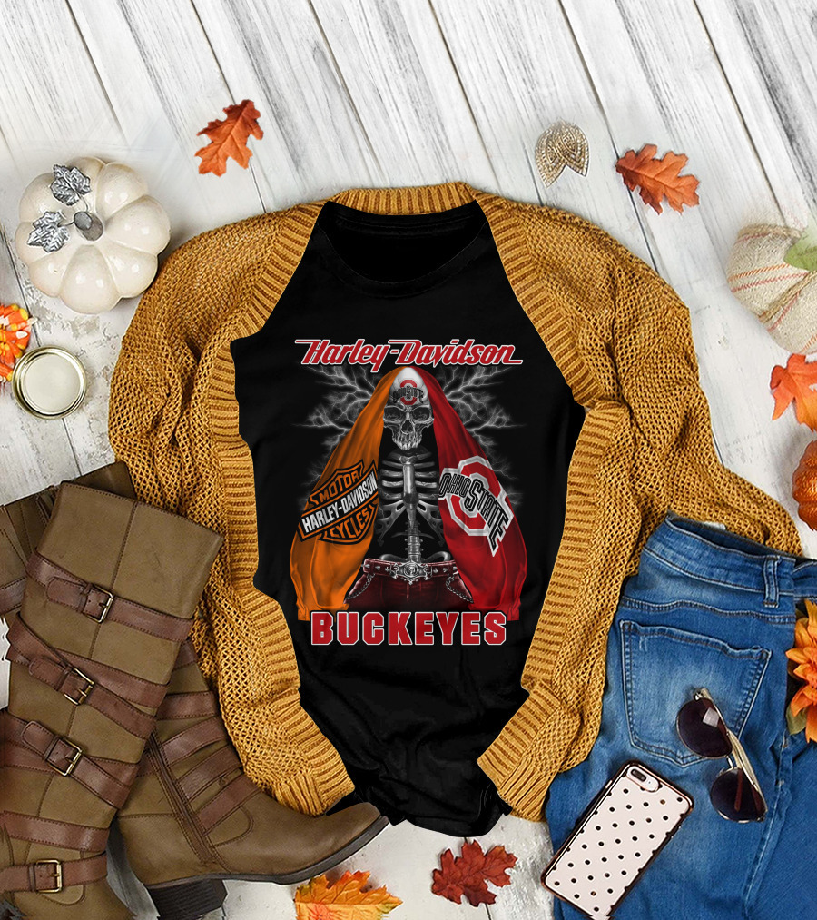 Harley Davidson Ohio State Buckeyes Skeleton Motocycles T-Shirt