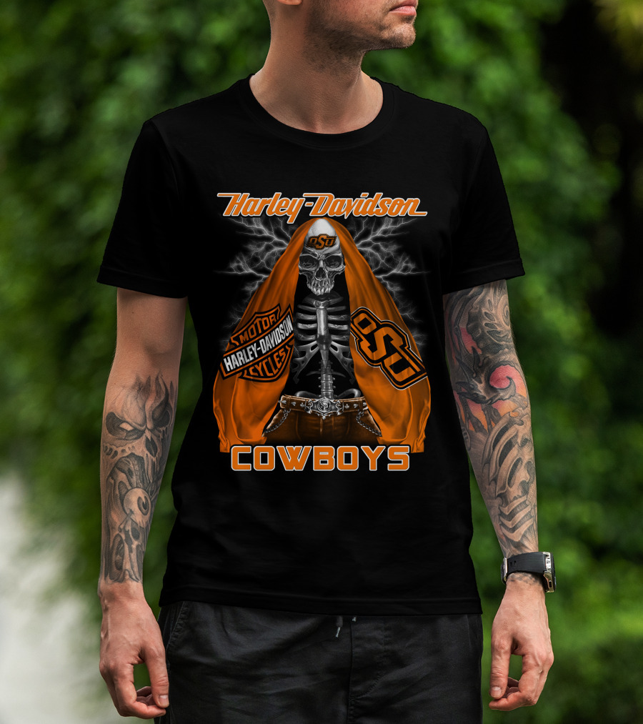Harley Davidson Oklahoma State Cowboys Skeleton Osu Motorcycle T-Shirt