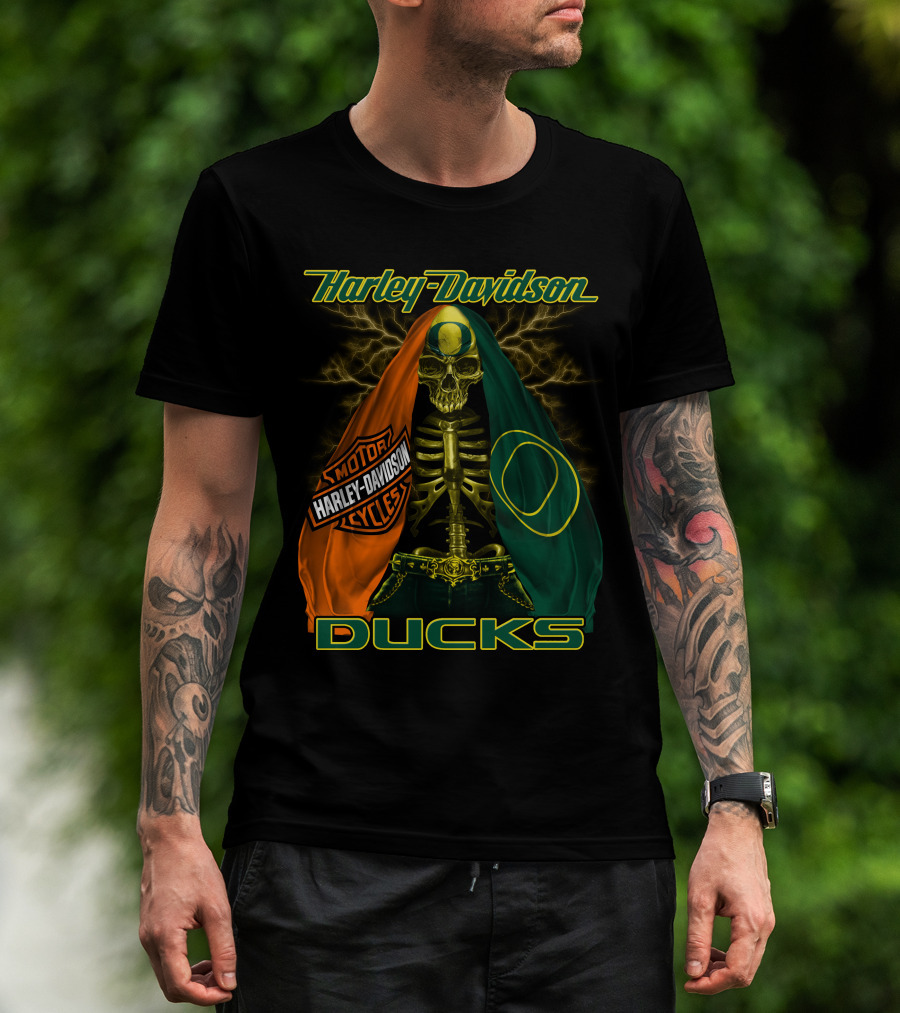 Harley Davidson Motorcycles Ducks Oregon Skeleton T-Shirt