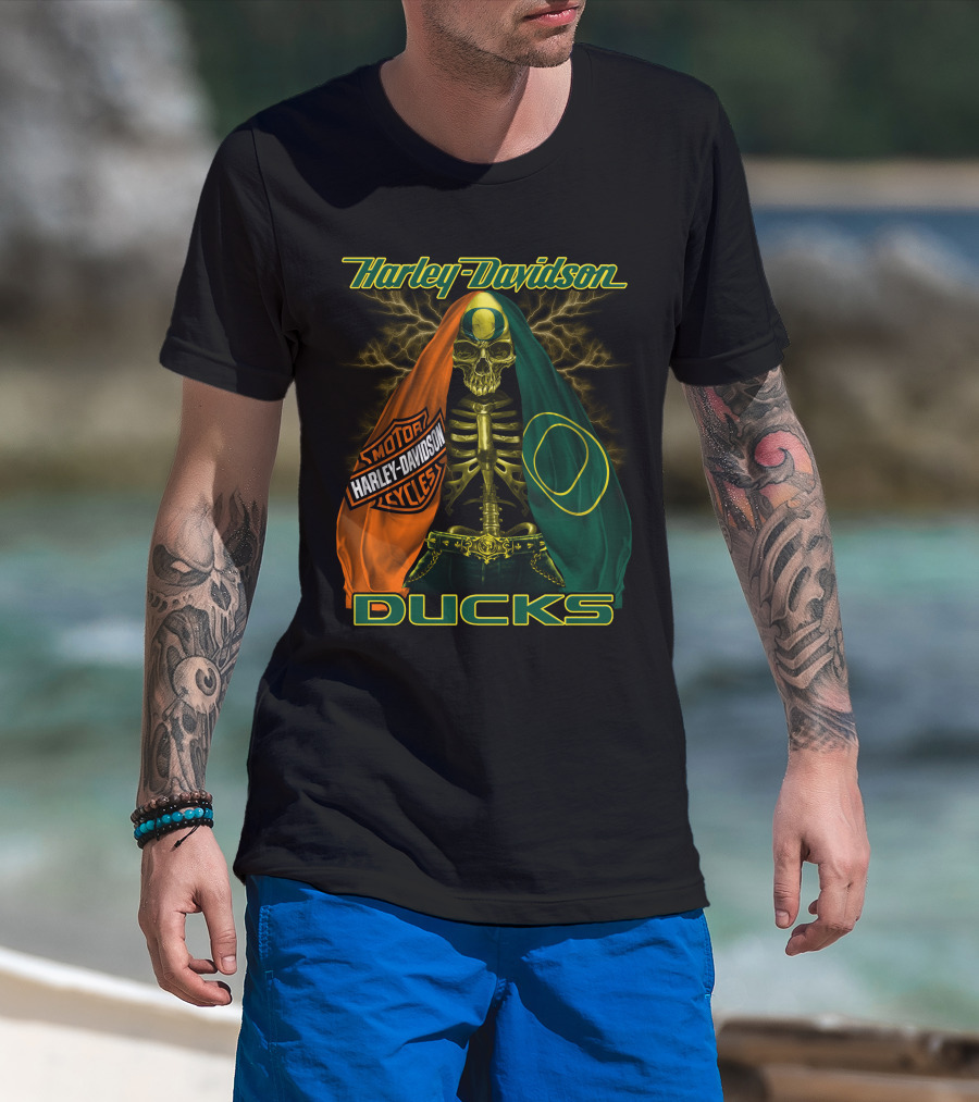 Harley Davidson Motorcycles Ducks Oregon Skeleton T-Shirt