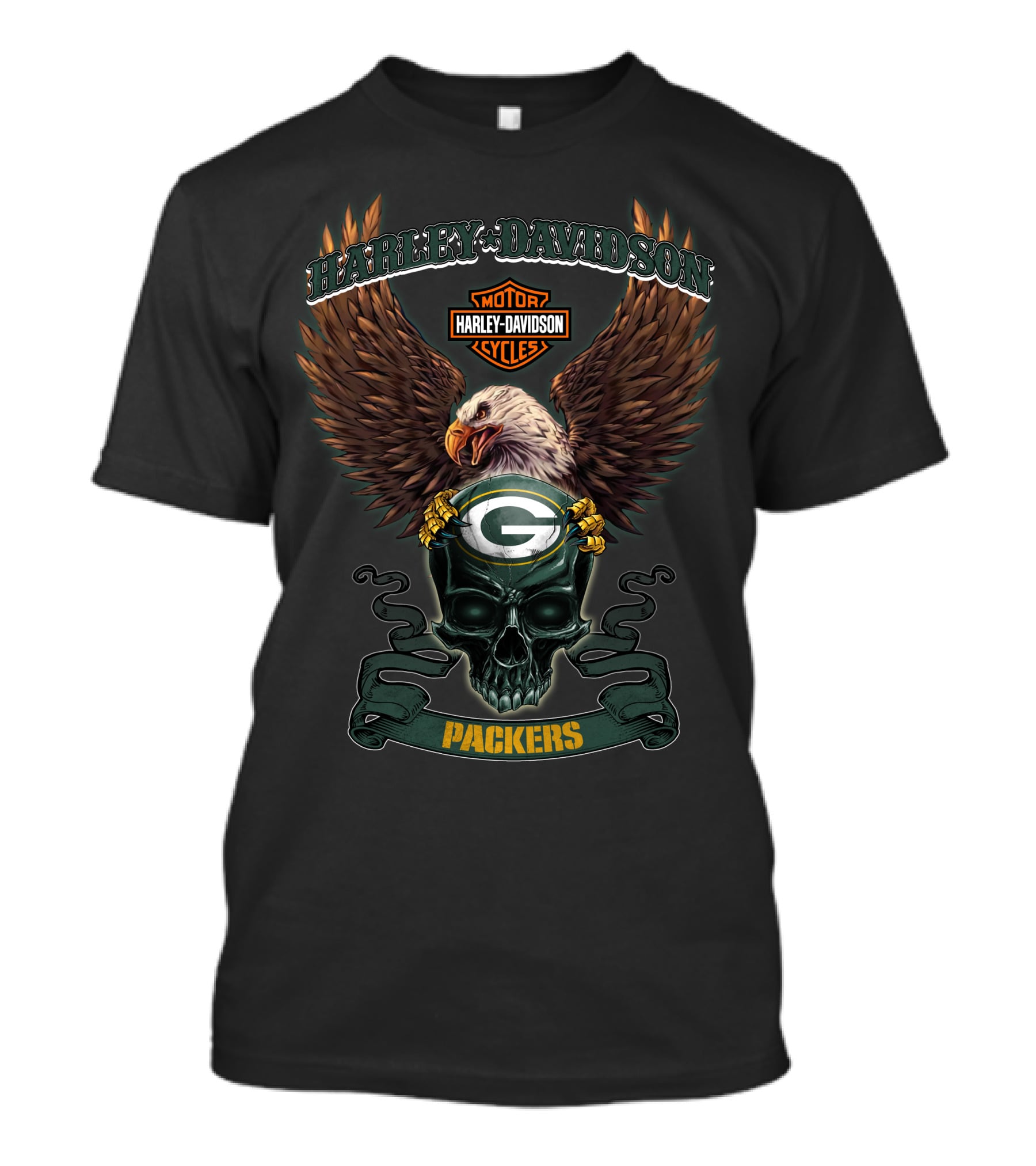 Harley Davidson Green Bay Packers Eagle Skull Motor Cycles T-Shirt