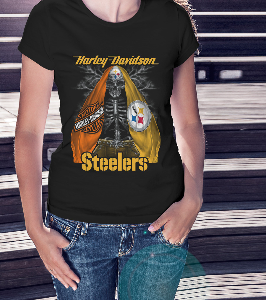 Harley Davidson Steelers Motorcycles Skull With Lightning T-Shirt
